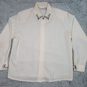 Vintage Koret Shirt Womens 12 Off White Blouse Sheer Aztec Southwest‎ Embroidery